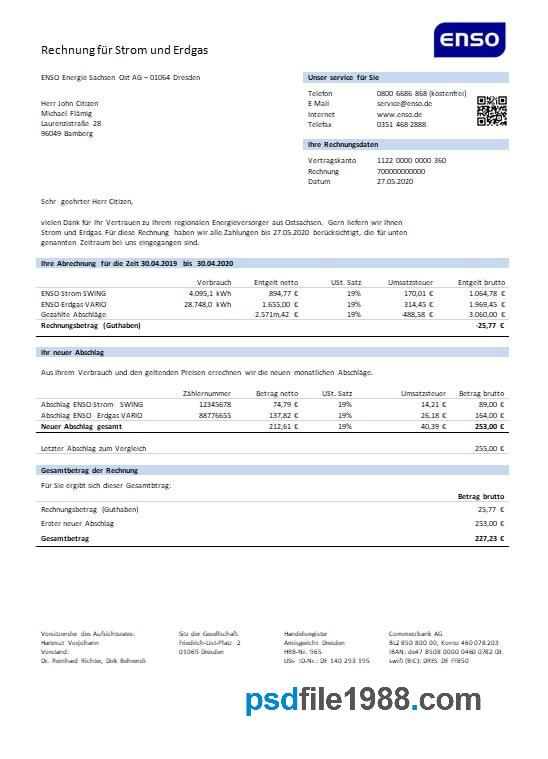 Germany ENSO Rechnung fur Strom und Erdgas Utility Bill